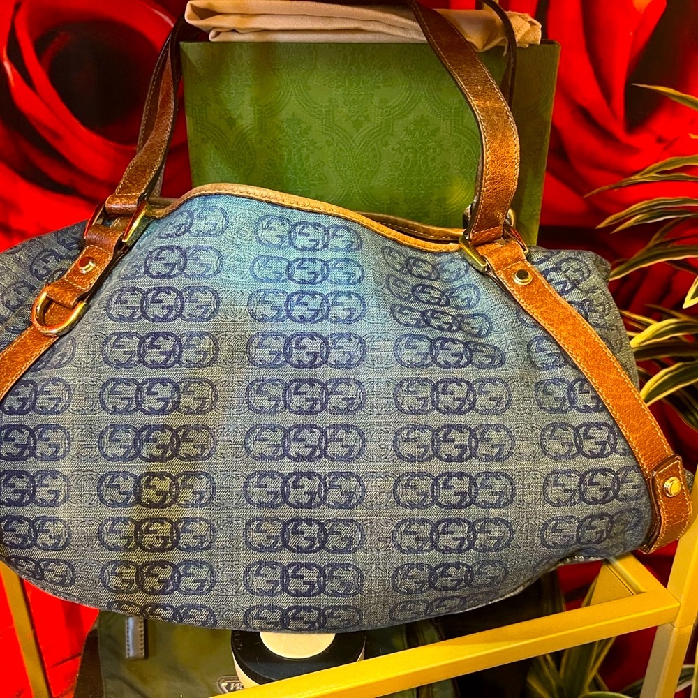 GUCCI Abbey Denim Leather Tote Bag with leather trim